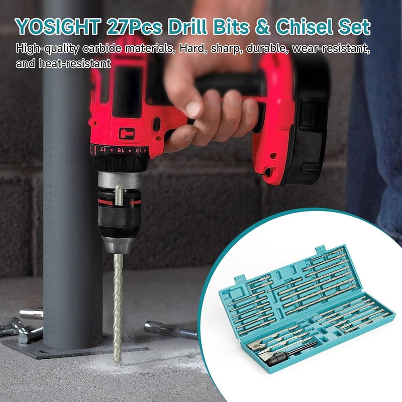 YOSIGHT 27Pcs SDS-Plus Drill Bits & Chisel Set - Rotary Hammer Carbide Tipped Double-Threaded Drill Bits & Chisels & SDS-Max to SDS Plus Adapter, with Storage Box, for Masonry Construction Materials - Image 5